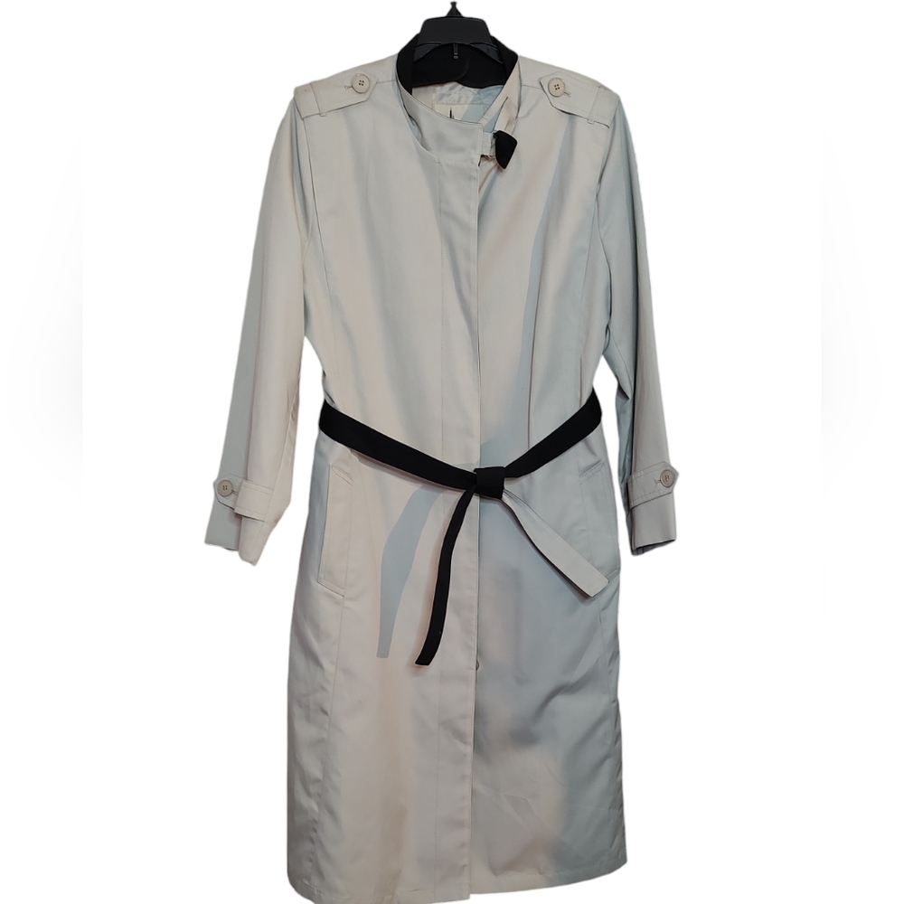 Cream & Black Vintage Misty Harbor Mid Calf Length Trench Coat sz 14 W/ Belt - Picture 3 of 10